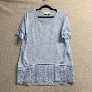 Chicos short sleeve top round neck lace detail womens size 1 / medium light blue